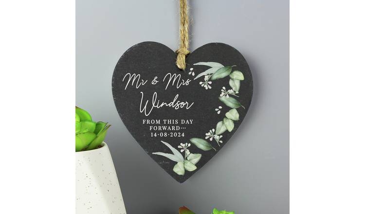 Personalised botanical slate heart ornament, UK version