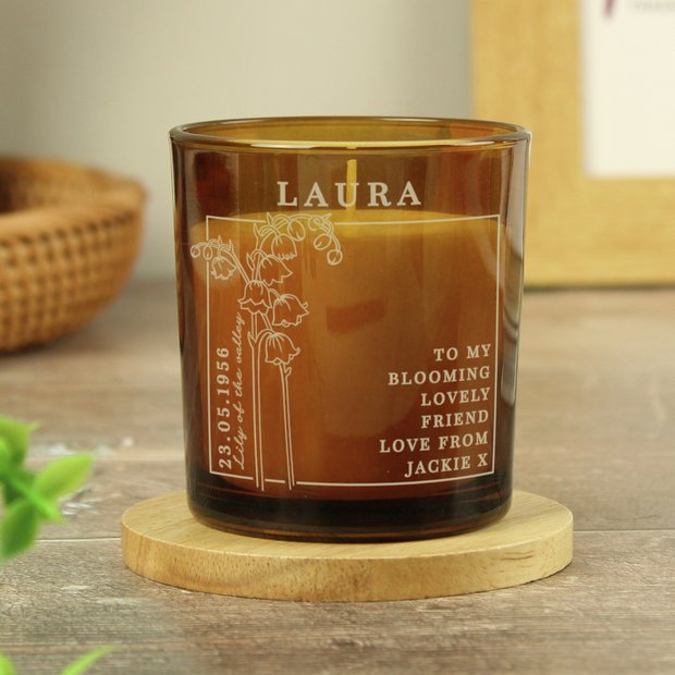 Personalised vanilla scented May birth flower candle in amber glass jar (British brand)
