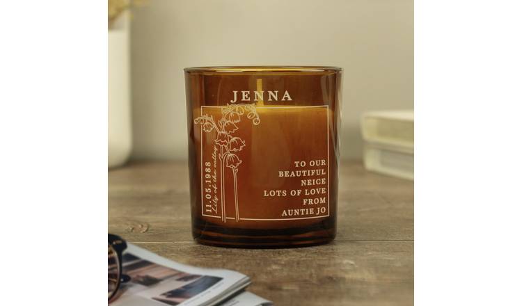 Personalised vanilla scented May birth flower candle in amber glass jar (British brand)