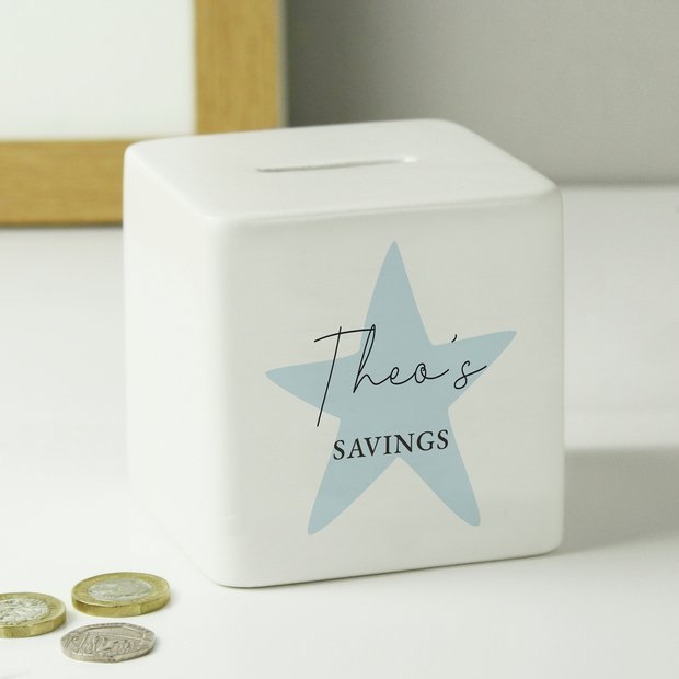Personalised blue star ceramic money box, UK version
