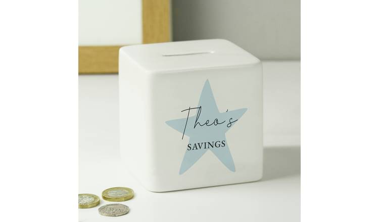 Personalised blue star ceramic money box, UK version