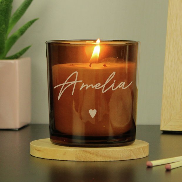 Personalised amber glass vanilla candle 8cm tall British brand