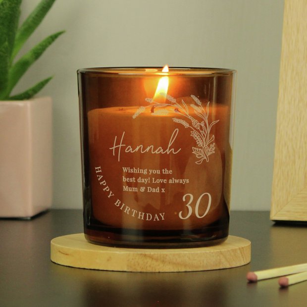 Personalised vanilla amber glass candle birthday gift, UK version