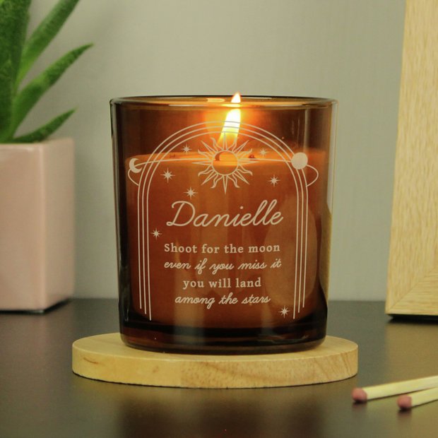 Personalised vanilla candle in amber glass jar, 30 hours burn time - British product