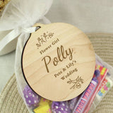 Personalised wooden wedding tag with ribbon, 10.7cm, imported from the UK