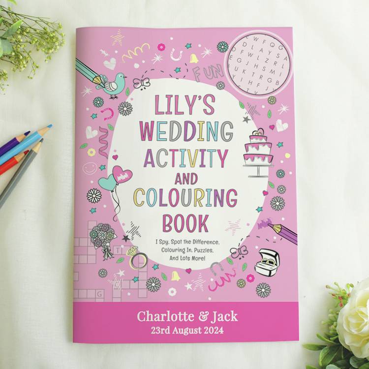 Personalised wedding activity book in pink, imported from the UK