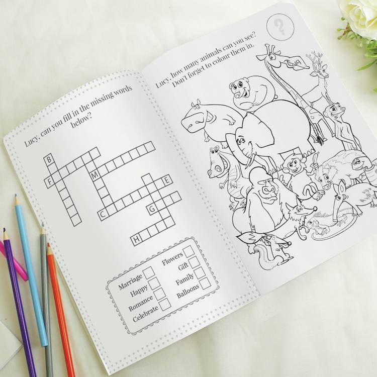 Personalised wedding activity book in pink, imported from the UK