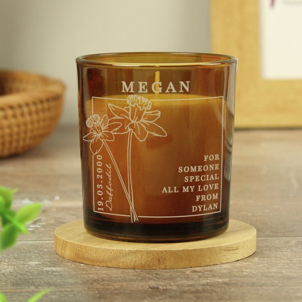Personalised March birth flower candle with vanilla scent in amber glass jar, UK version