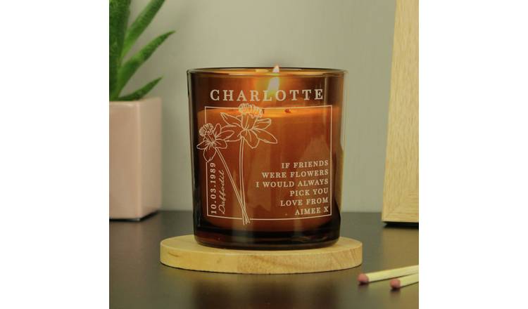Personalised March birth flower candle with vanilla scent in amber glass jar, UK version