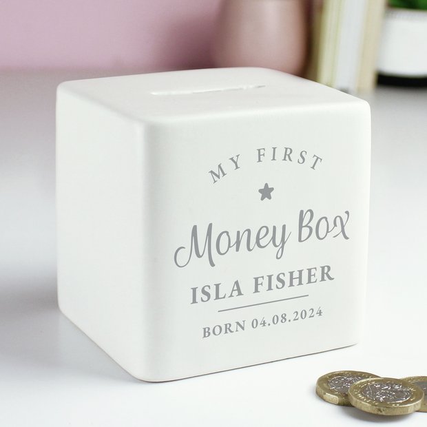 Personalised ceramic money box with name, 9cm (British brand)