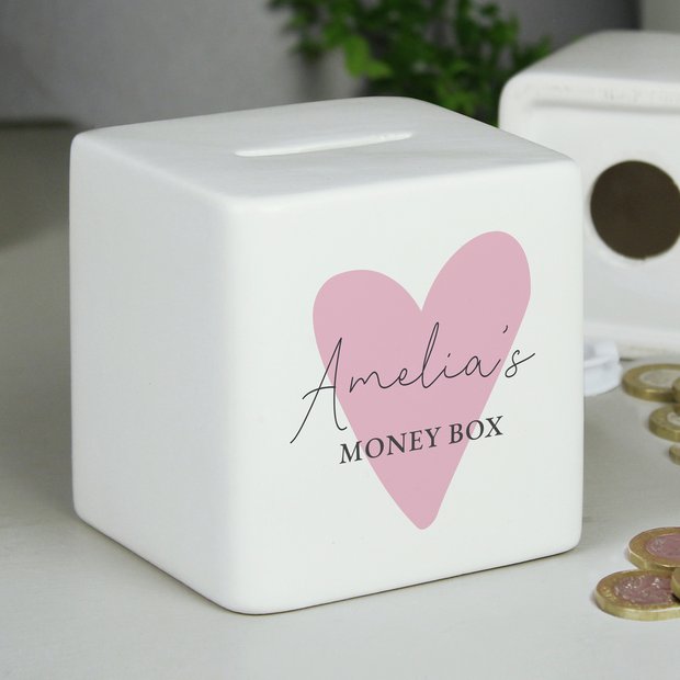 Personalised pink ceramic heart money box - British product