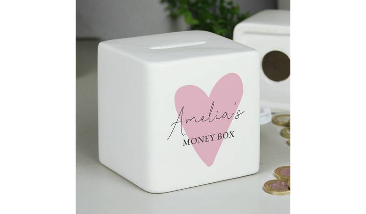 Personalised pink ceramic heart money box - British product