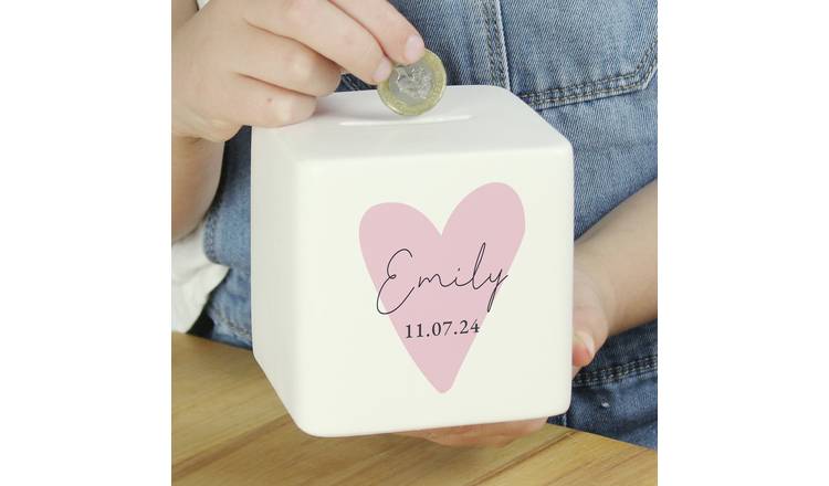 Personalised pink ceramic heart money box - British product