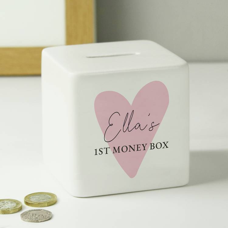 Personalised pink ceramic heart money box - British product