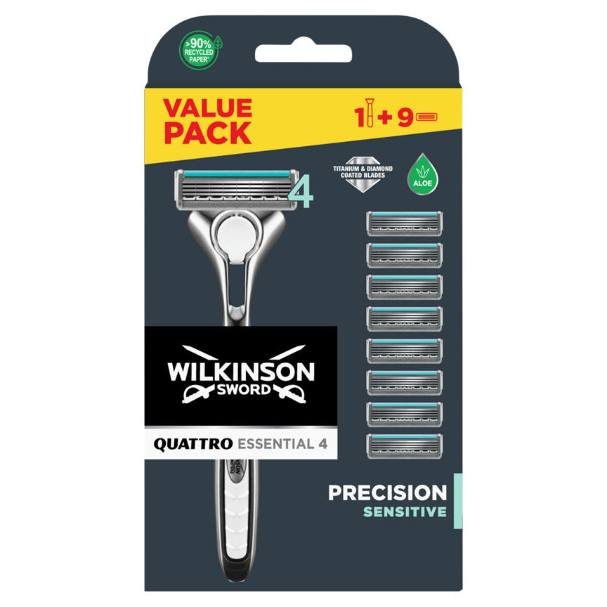 Wilkinson Sword Quattro Titanium Sensitive Men's Razor with 9 Blades