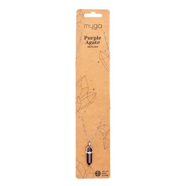 Myga silver plated necklace with purple agate pendant, imported from the UK