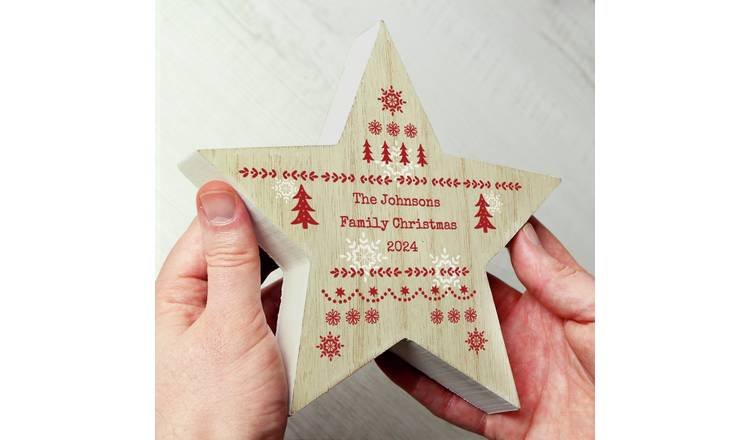 Personalised Message Wooden Star Fairisle Christmas Ornament