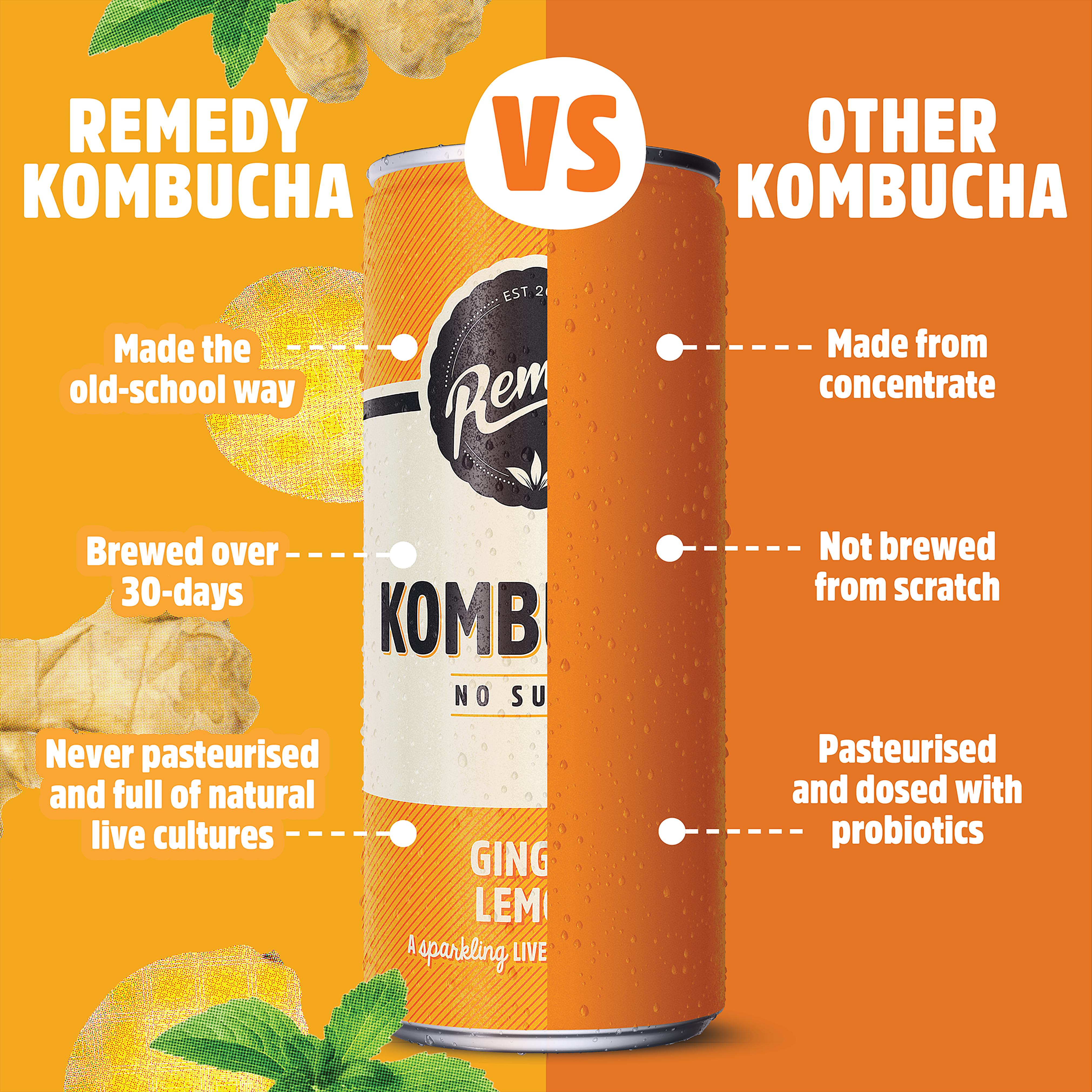 Remedy Kombucha Ginger Lemon 4 x 330ml, imported from the UK