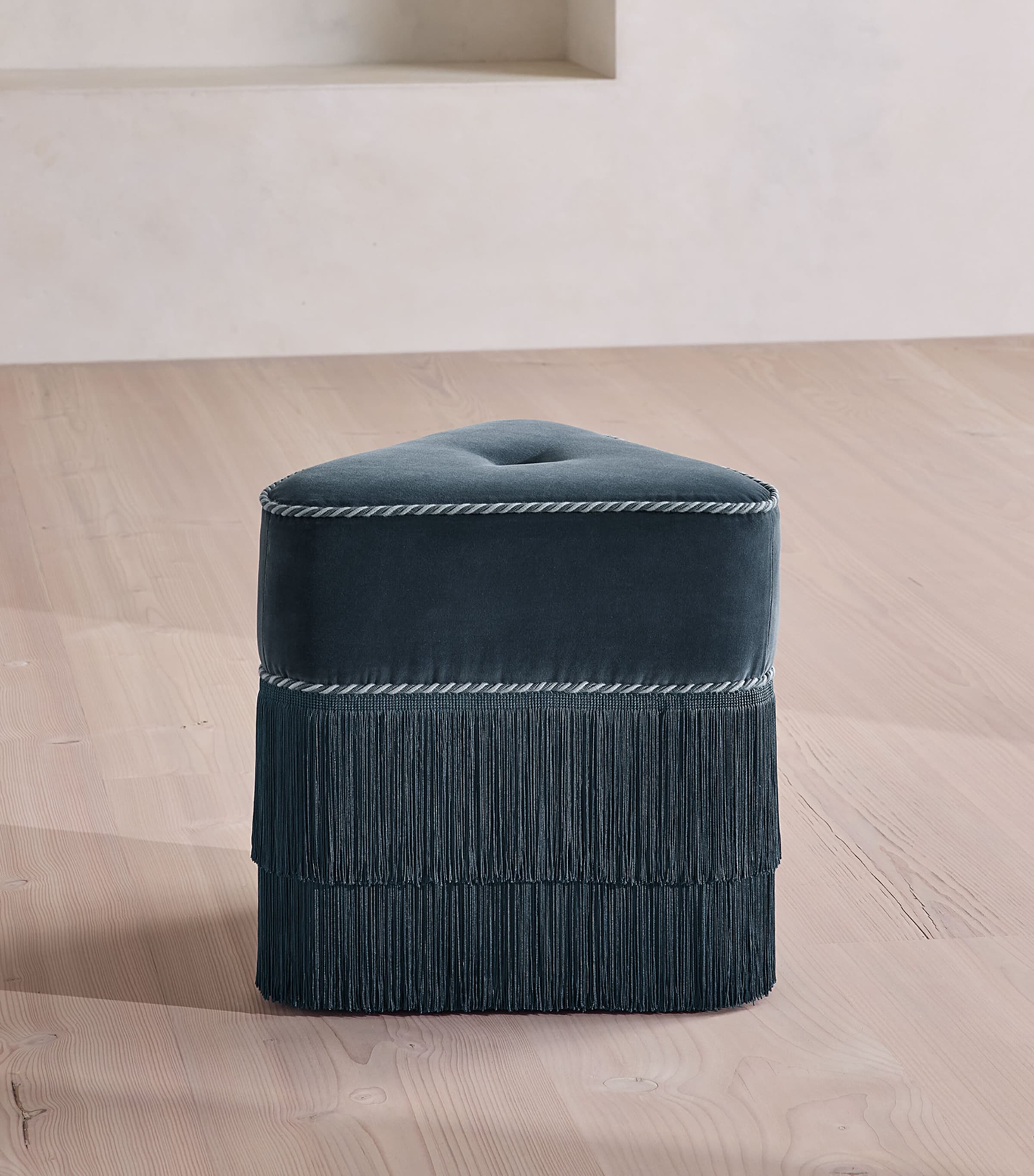 Soho Home velvet Marta footstool, imported from the UK