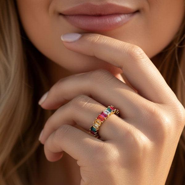 MUCHV rainbow emerald cut cubic zirconia ring - British product