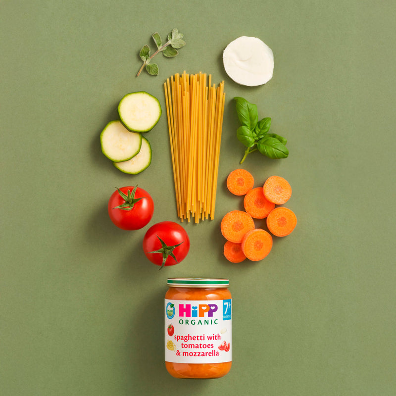 HiPP organic spaghetti baby food jar with tomatoes mozzarella 190g, UK version