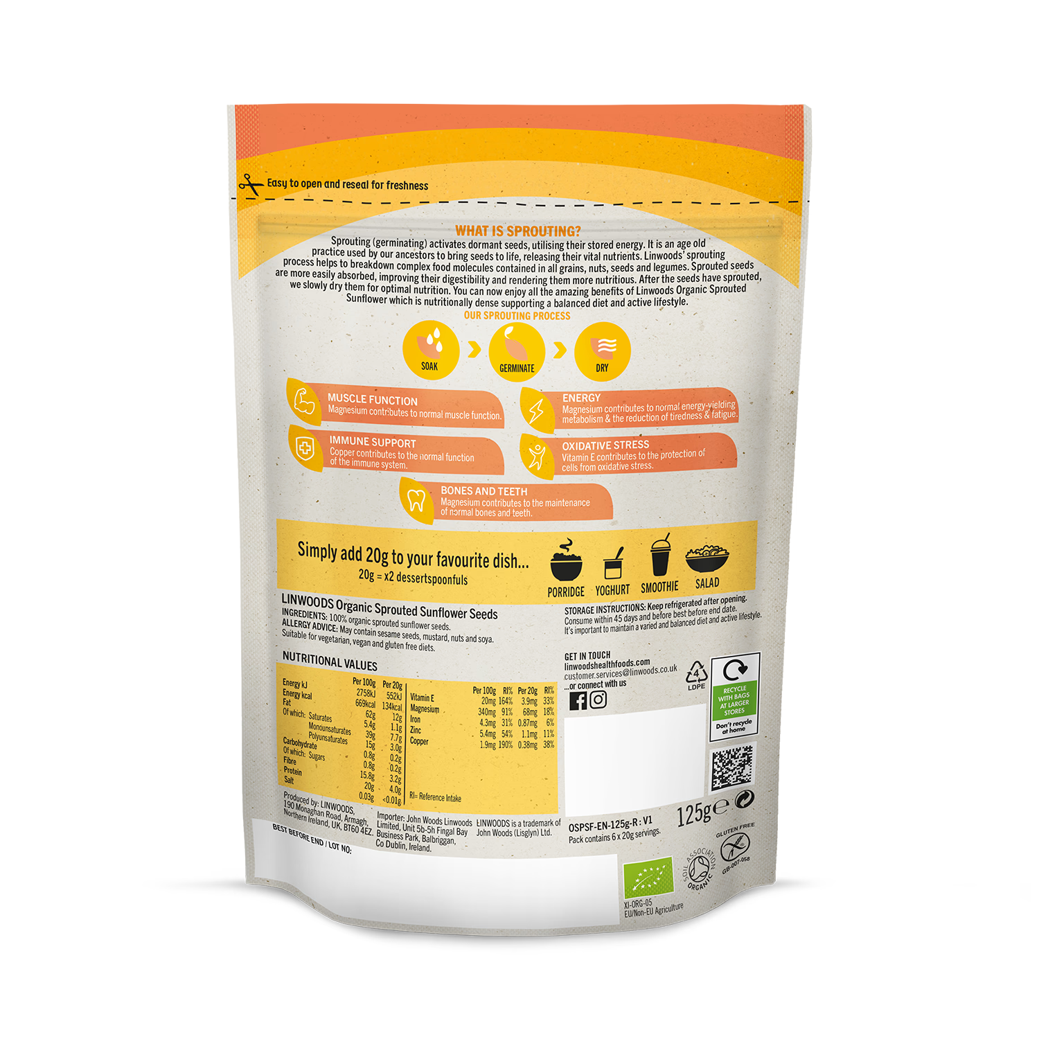 Linwoods organic sprouted sunflower seeds 125g, UK version