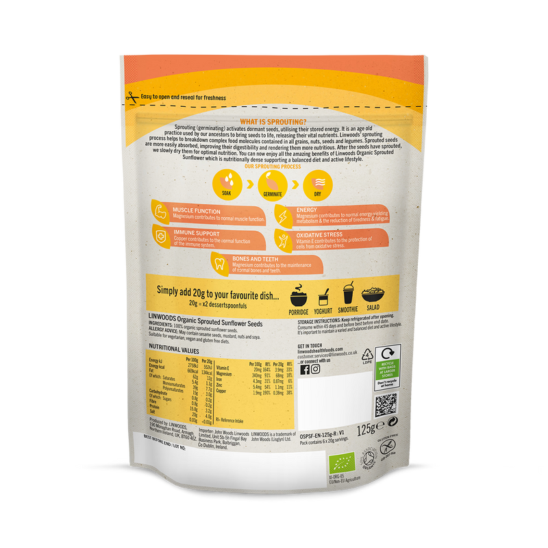 Linwoods organic sprouted sunflower seeds 125g, UK version