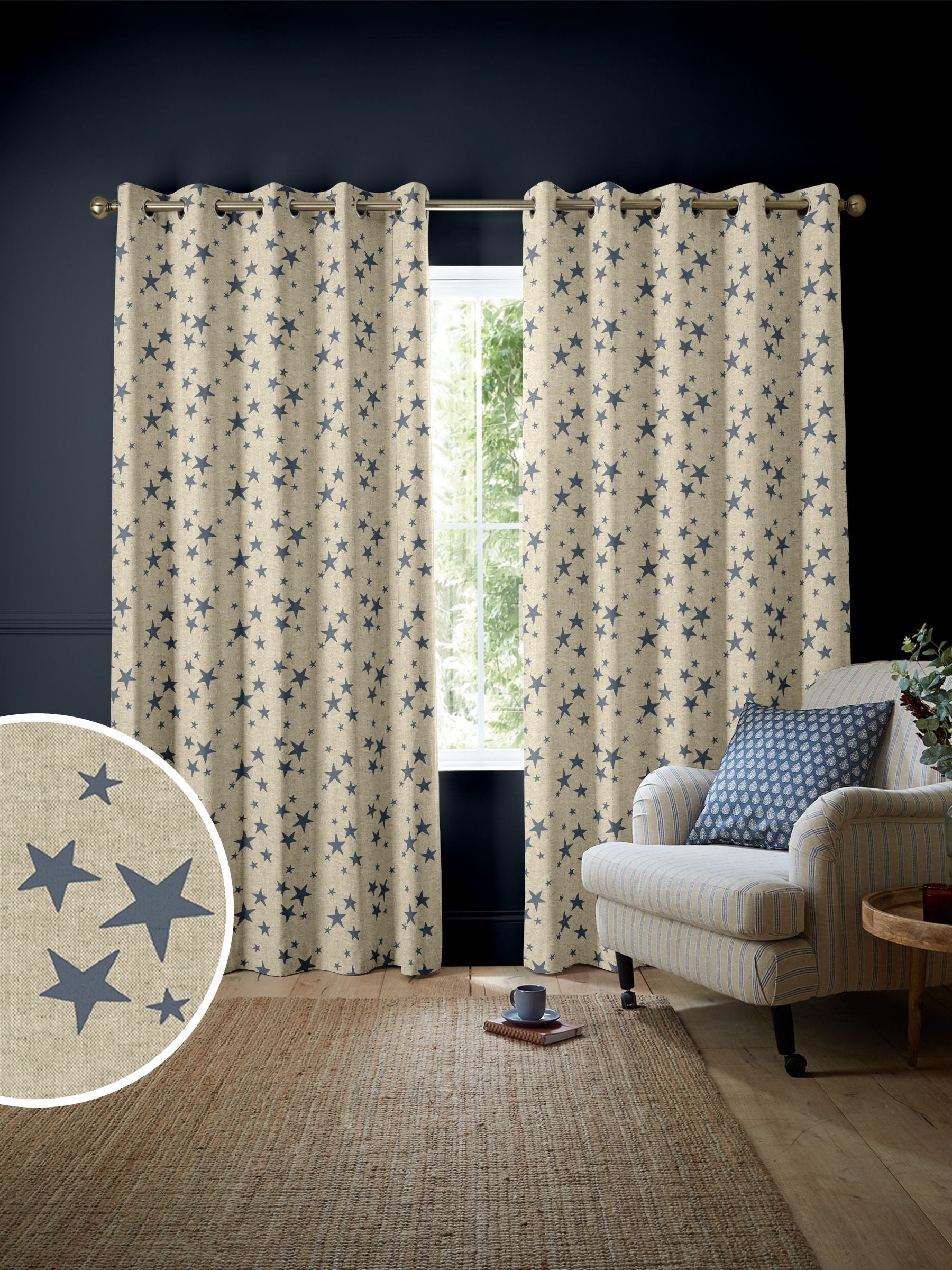 Emily Bond Indigo Blue St Maws made to measure curtains (British brand)