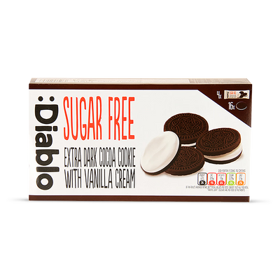 Holland & Barrett Diablo Sugar Free Dark Cocoa Cookie Sandwich with Vanilla Cream Biscuits 176g- Buy online at McGrocer