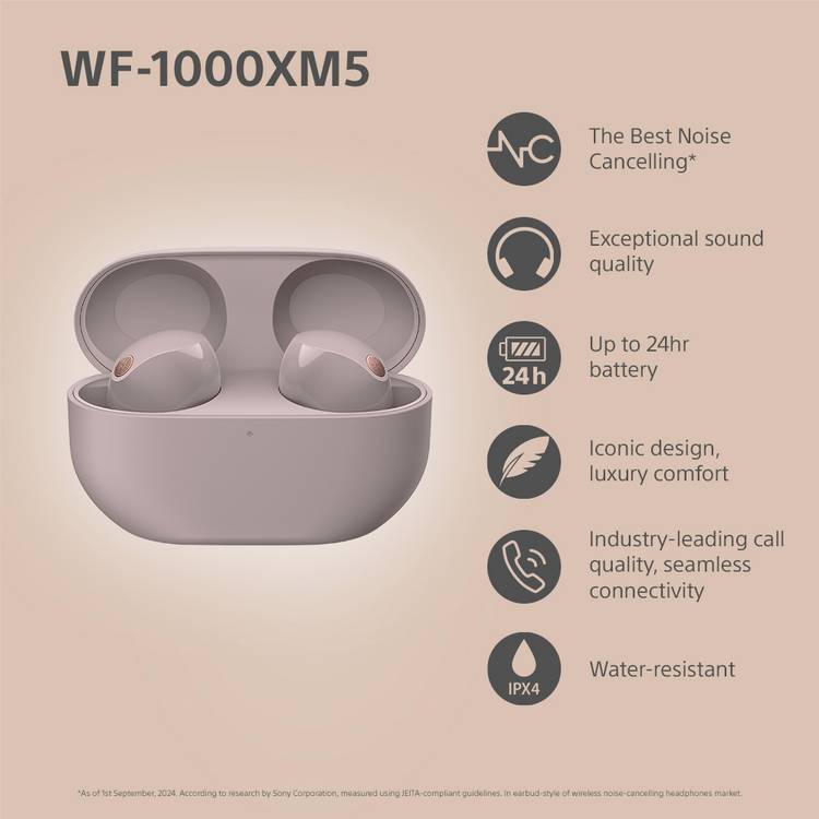 Sony WF1000XM5 true wireless earbuds in pink, imported from the UK