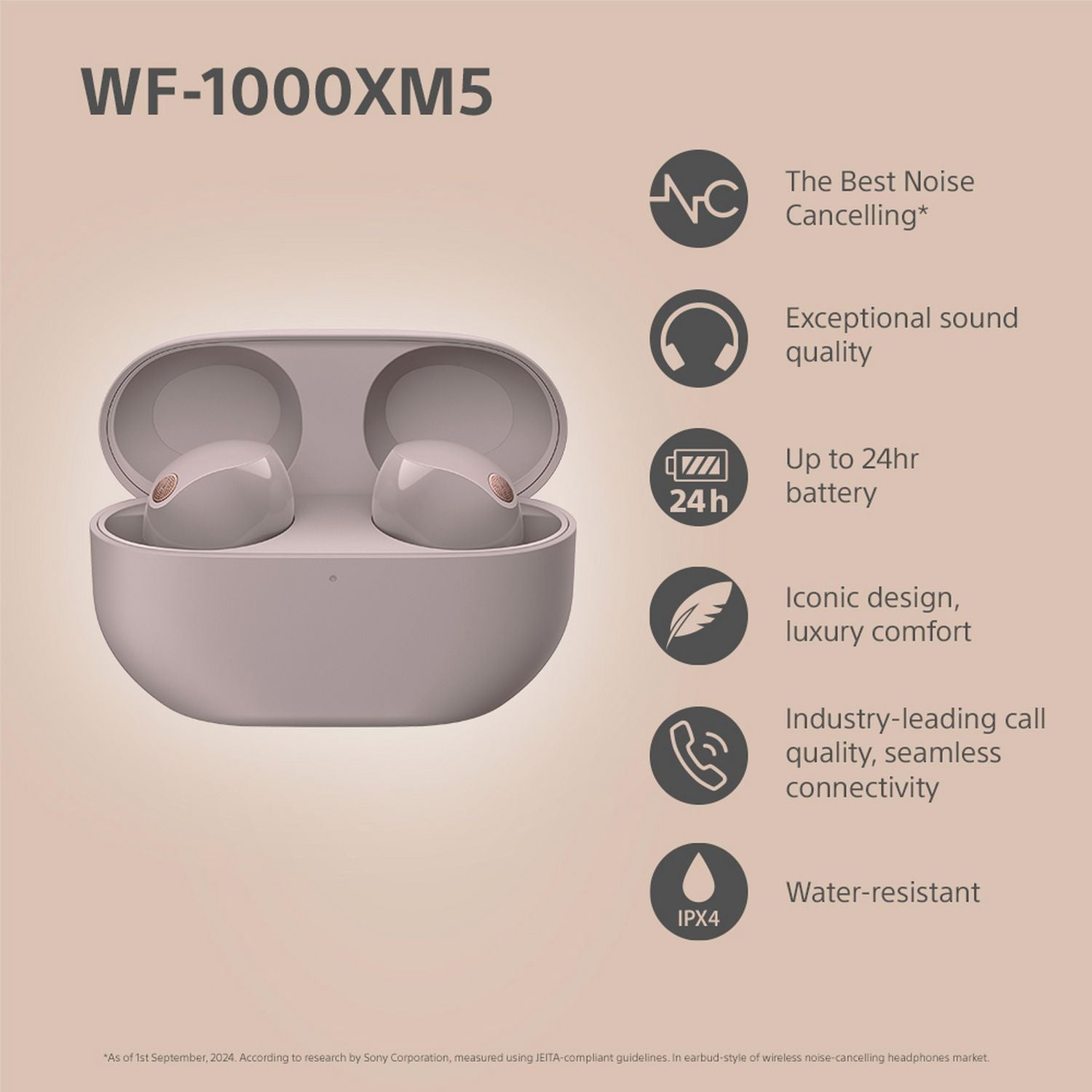 Sony WF1000XM5 true wireless earbuds in pink, imported from the UK