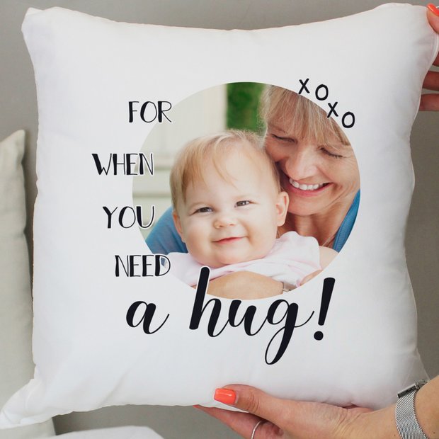 Personalised photo cushion with need a hug message 38cm, UK version