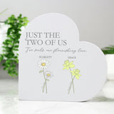 Personalised grey wooden heart ornament with flower names and message (British brand)