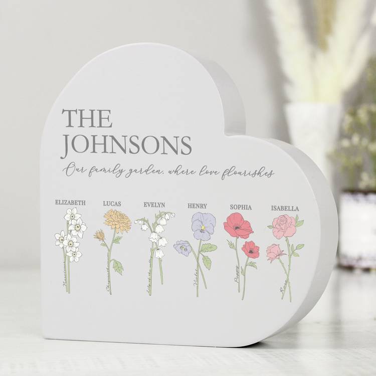 Personalised grey wooden heart ornament with flower names and message (British brand)