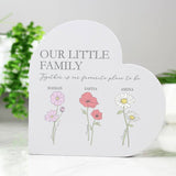 Personalised grey wooden heart ornament with flower names and message (British brand)