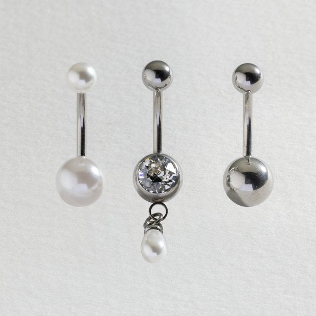 Revere surgical steel belly bar set white pearl sphere crystal, imported from the UK