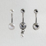 Revere surgical steel belly bar set white pearl sphere crystal, imported from the UK