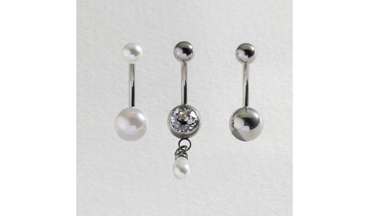 Revere surgical steel belly bar set white pearl sphere crystal, imported from the UK