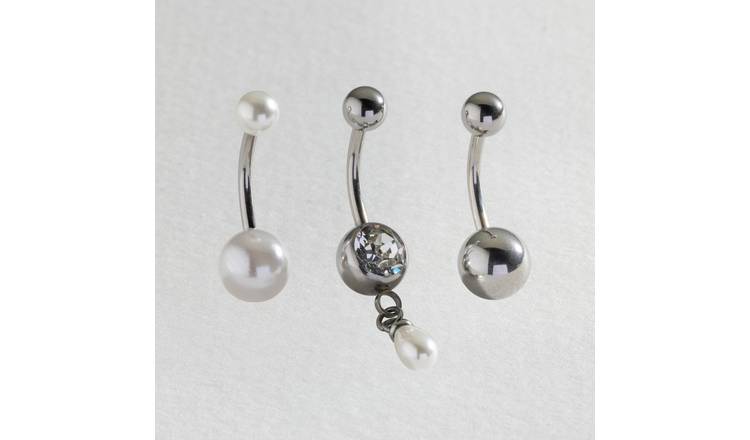 Revere surgical steel belly bar set white pearl sphere crystal, imported from the UK