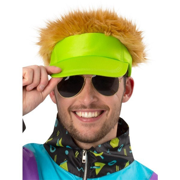 Smiffys neon green visor hat with dark blonde hair (British brand)