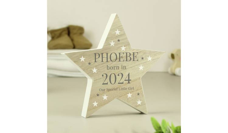 Personalised Born In wooden star ornament 18.5cm, UK version
