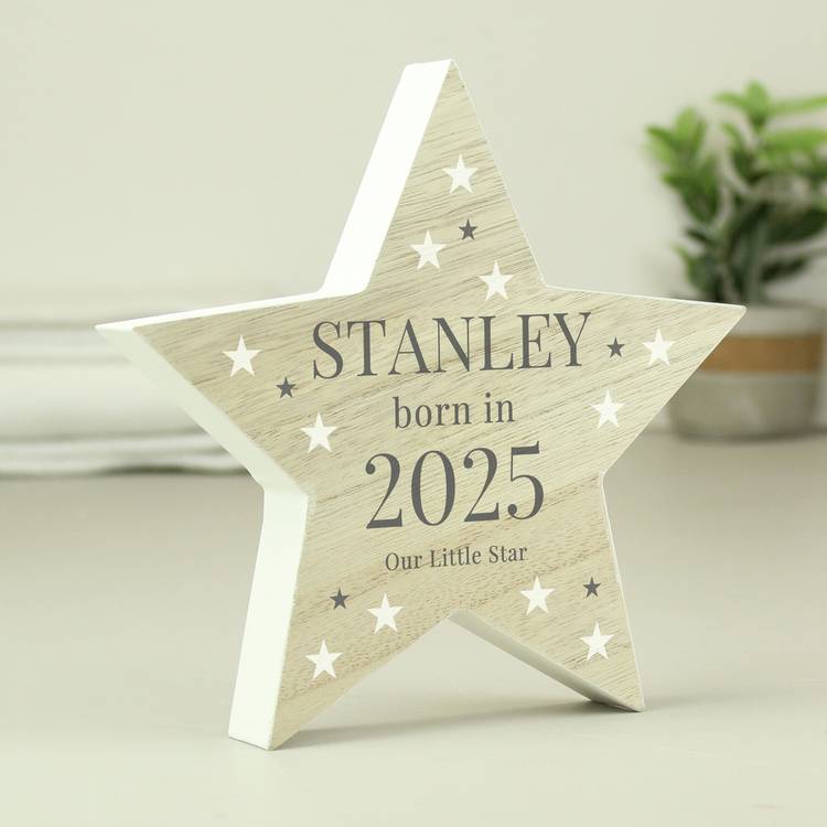 Personalised Born In wooden star ornament 18.5cm, UK version