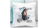 Personalised moon and back photo cushion 38cm, UK version
