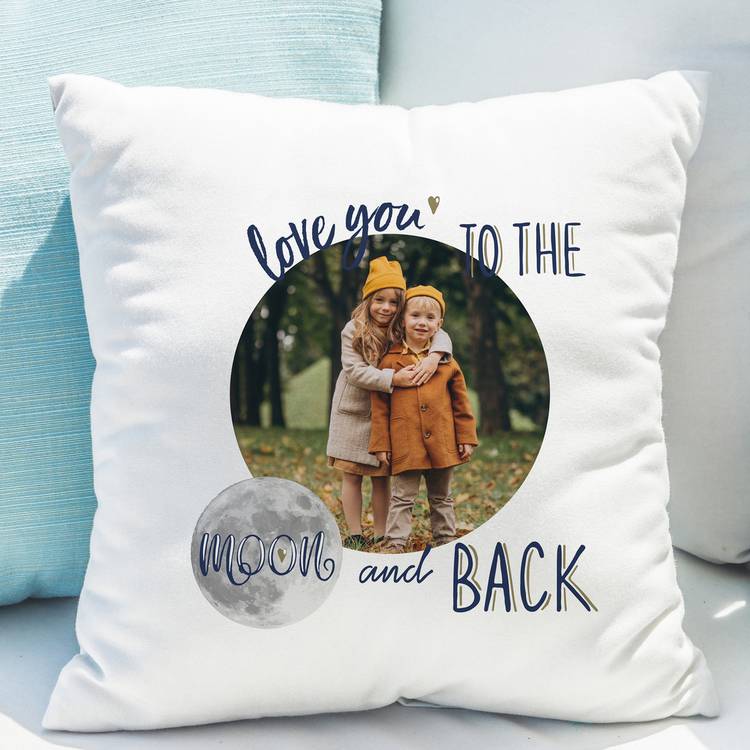 Personalised moon and back photo cushion 38cm, UK version