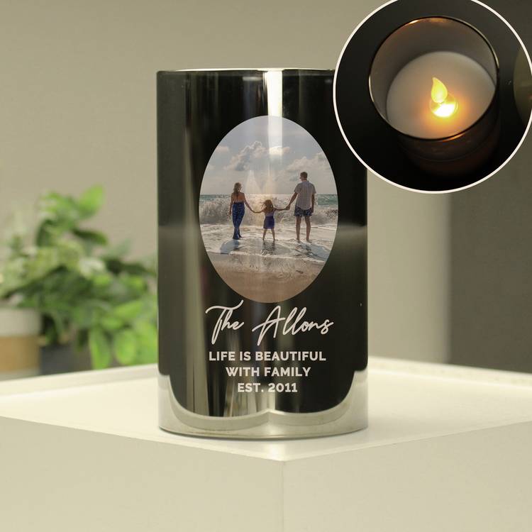 Personalised smoked glass LED candle with photo message - British product