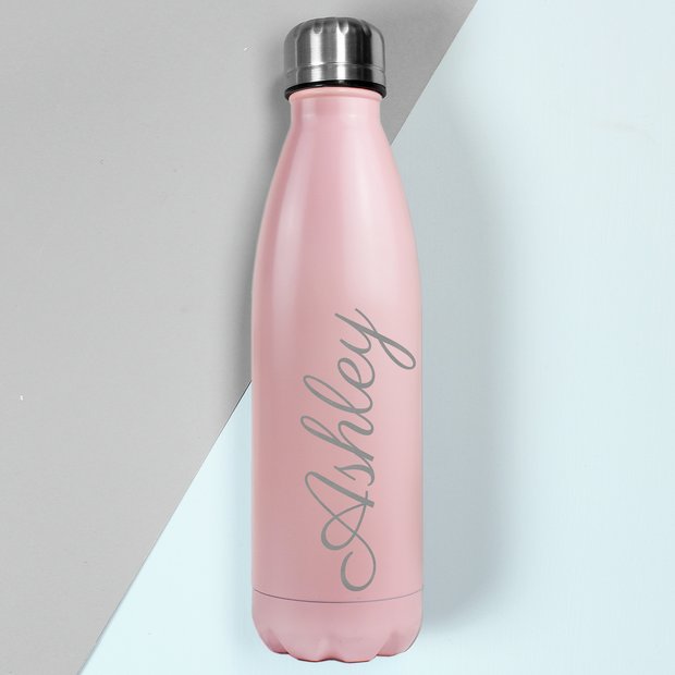 Personalised pink insulated water bottle 500ml, imported from the UK