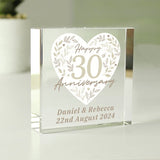 Personalised message 30th anniversary glass block, imported from the UK