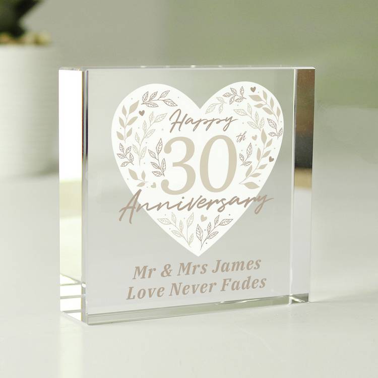Personalised message 30th anniversary glass block, imported from the UK