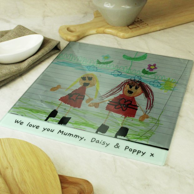 Personalised children's glass chopping board with drawing, imported from the UK