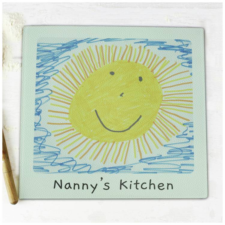 Personalised children's glass chopping board with drawing, imported from the UK